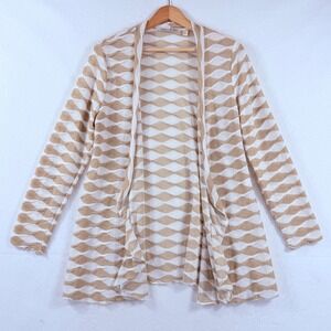 Snoskins Cardigan Women Large Tan White Textured Wave Open Front Coastal Chic